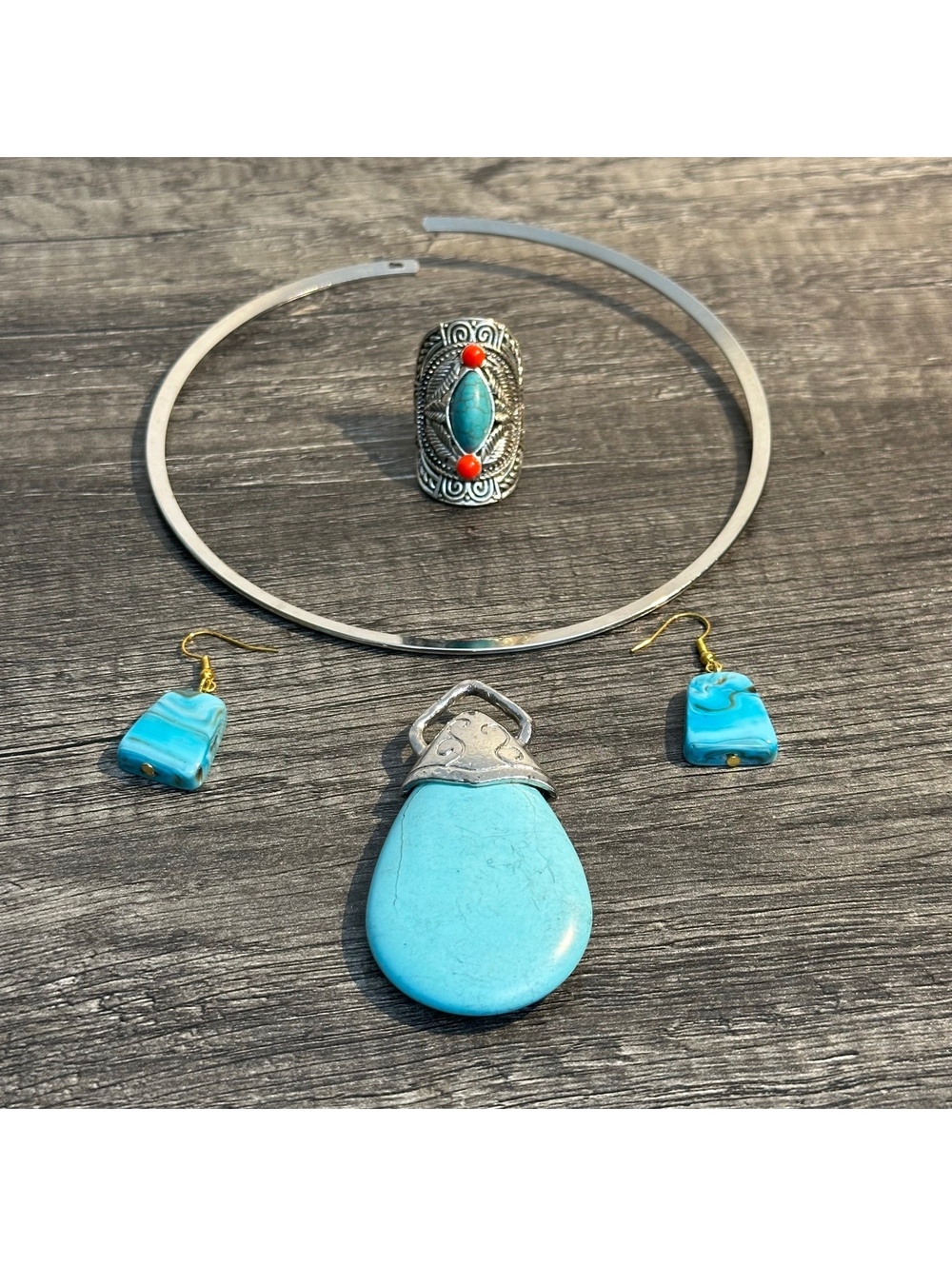 Boho Turquoise Style Jewelry Lot Necklace Ring Earrings